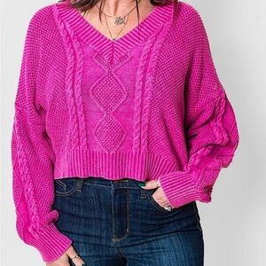 POL Fuchsia V-Neck Cable Knit Sweater